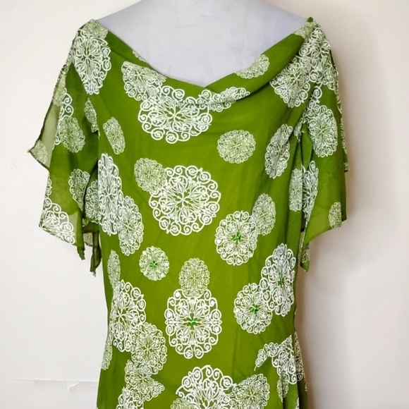 Robbie Bee Chiffon Maxi Dress 16 Green White Flutter Sleeve Romantic Fairycore - Picture 2 of 12